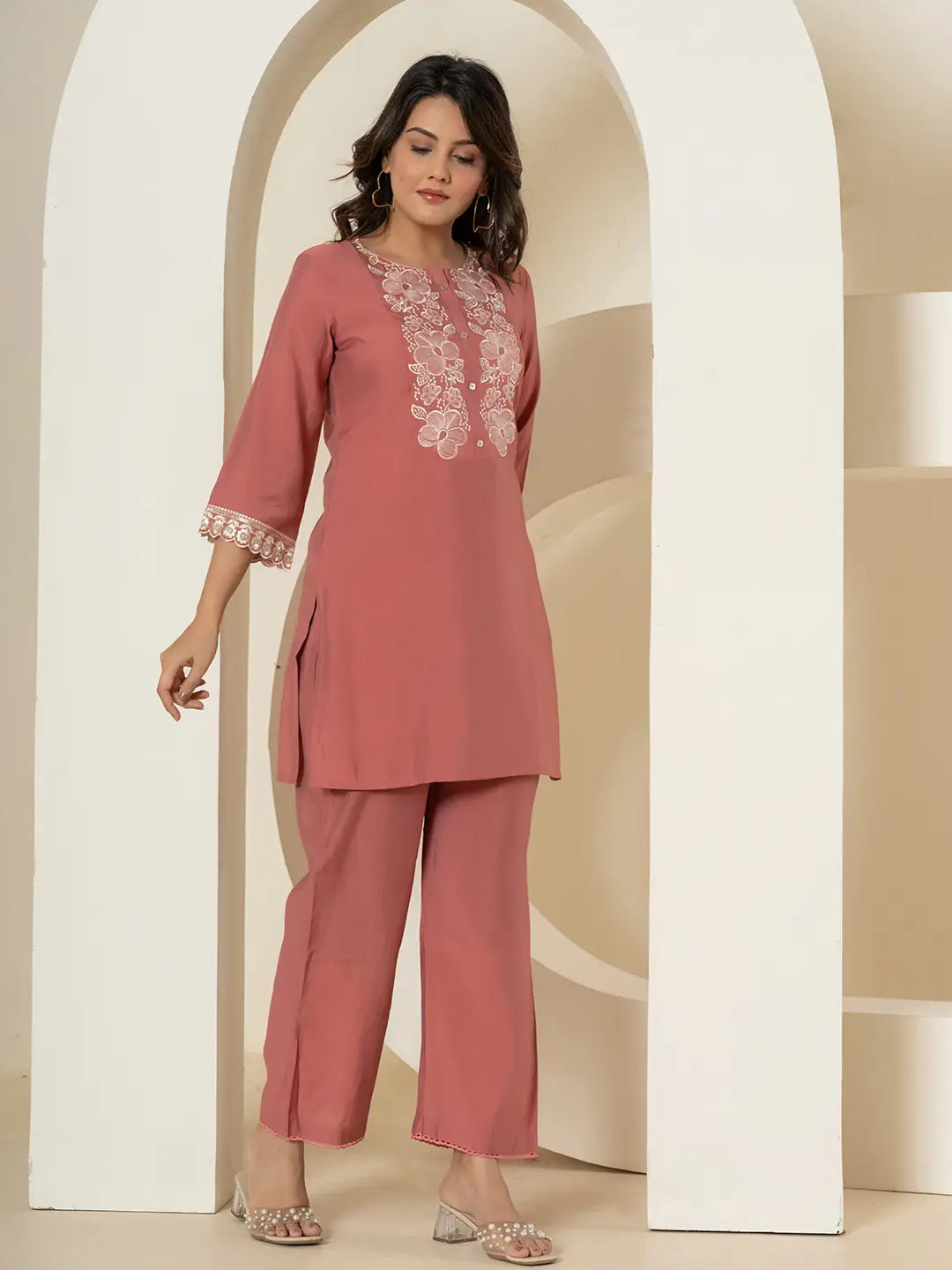 Yufta Rust Thread_Work Shirt And Trouser Silk Blend Co-Ord Set - Distacart