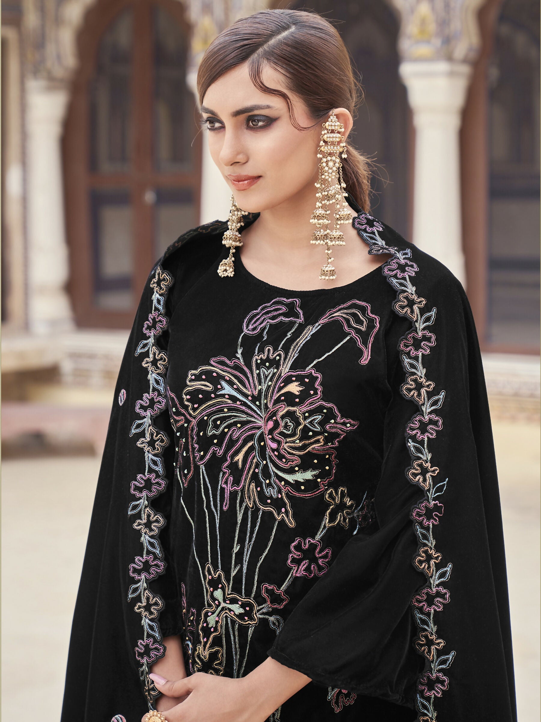 Jyoti Fashion Women's Black Velvet Resham Thread with Jari & Sequin Kurta with Trouser & Dupatta - Distacart