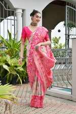 Thumbnail for Vishnu Weaves Women's Pink Banarasi Silk Patola Zari Woven Saree with Blouse