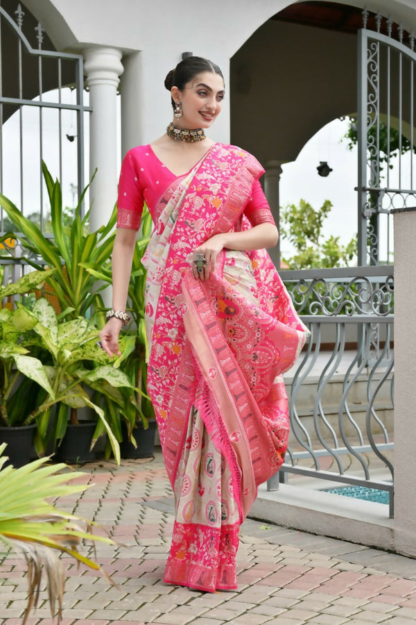 Vishnu Weaves Women's Pink Banarasi Silk Patola Zari Woven Saree with Blouse