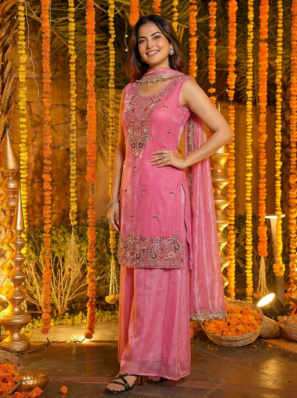 Joban Fashion Pink Silk Embroidered Sharara Set - Distacart