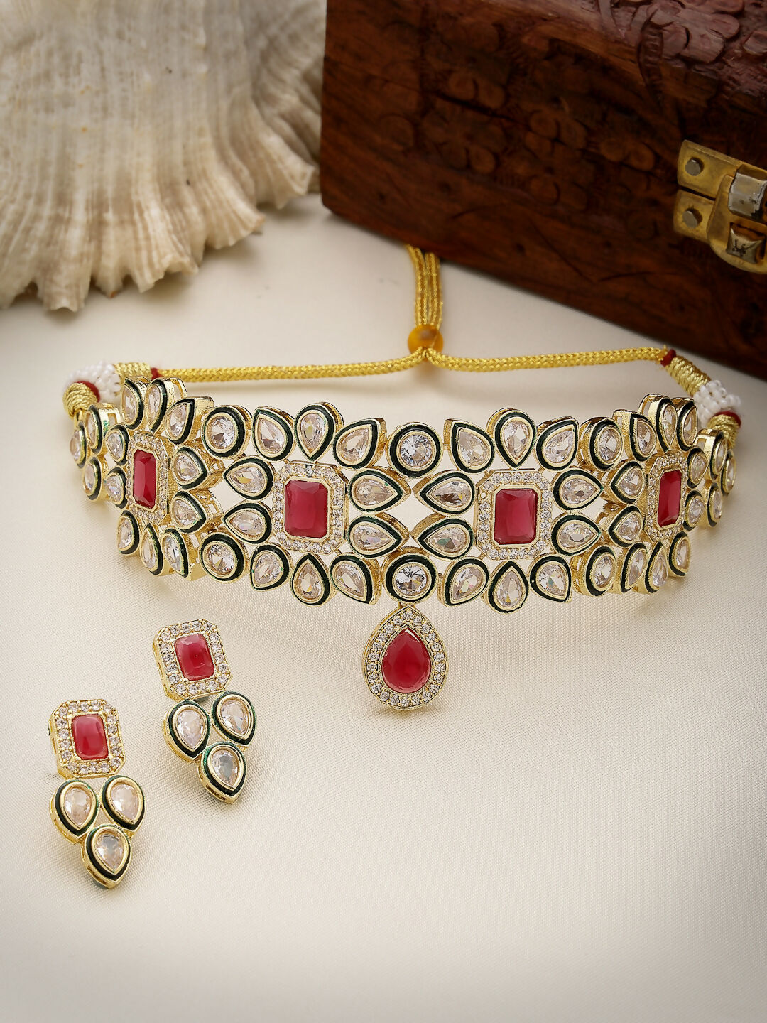 NVR Women's Red & Gold Kundan Studded Handcrafted Choker Jewellery Set - Distacart