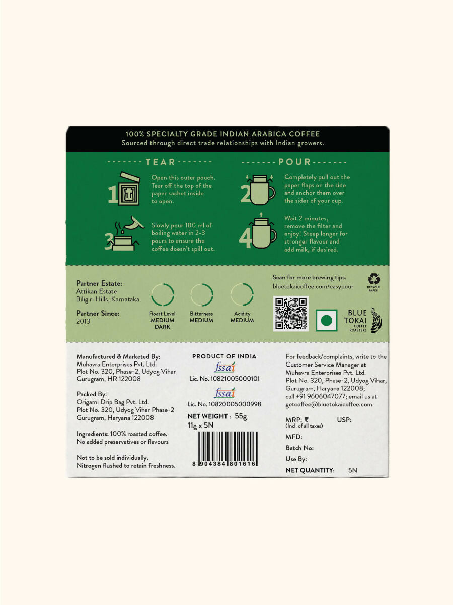 Blue Tokai Attikan Estate Medium-Dark Roast Easy Pour Sachets - Distacart