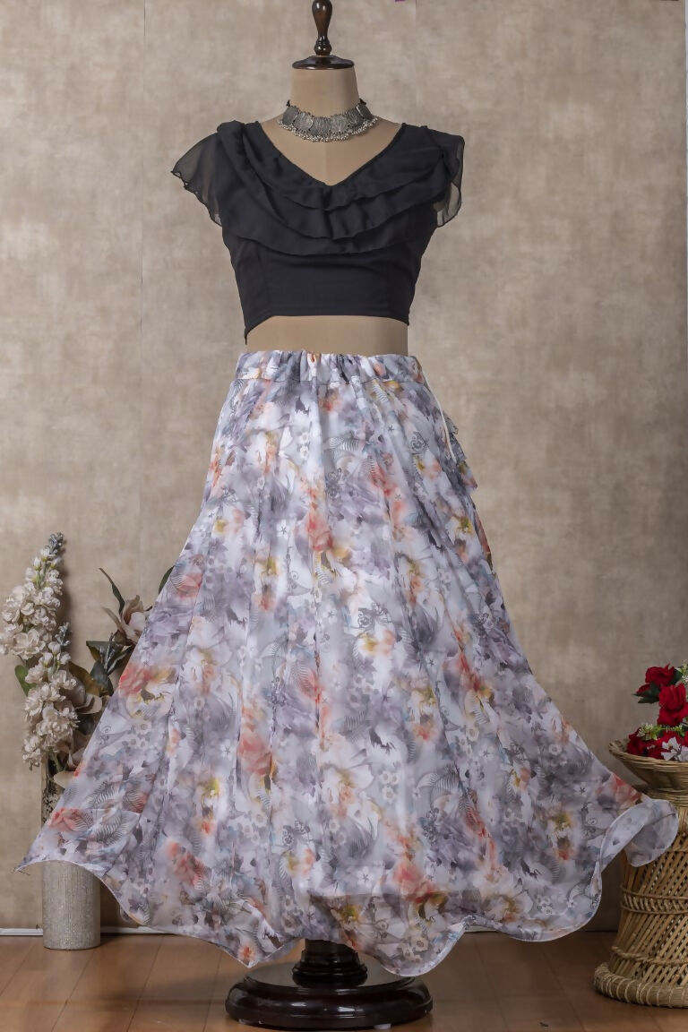 Preksha Creation Indian Festive Georgette Digital Print Women Lehenga Choli And Crop Top - Black & White - Distacart