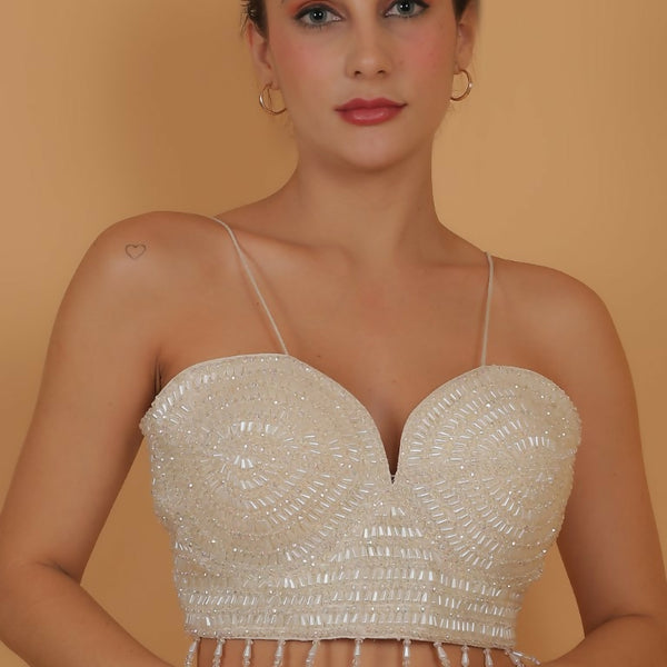 Joban Fashion Silk Pearl And Beads Hand Embroidery Padded Blouse - Pearl White