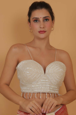 Joban Fashion Silk Pearl And Beads Hand Embroidery Padded Blouse - Pearl White