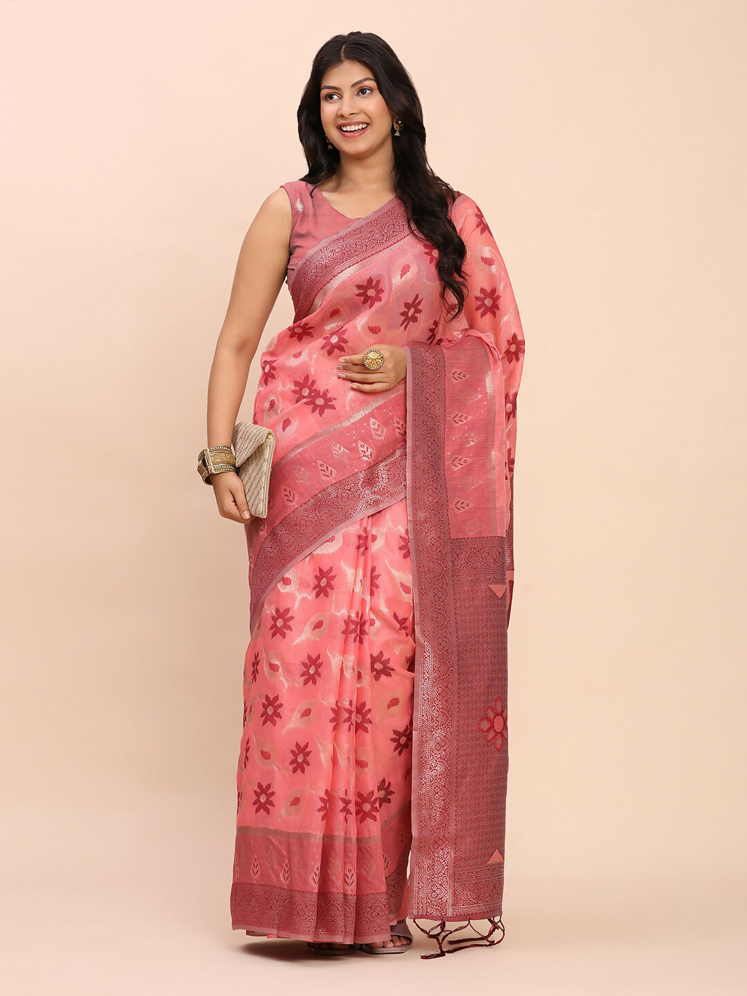 Shree Shyam Fashion Linen Cotton Peach Saree - Distacart