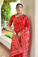 Thumbnail for Vishnu Weaves Women's Red Handloom Raw Silk Thread Weaving Saree with Blouse