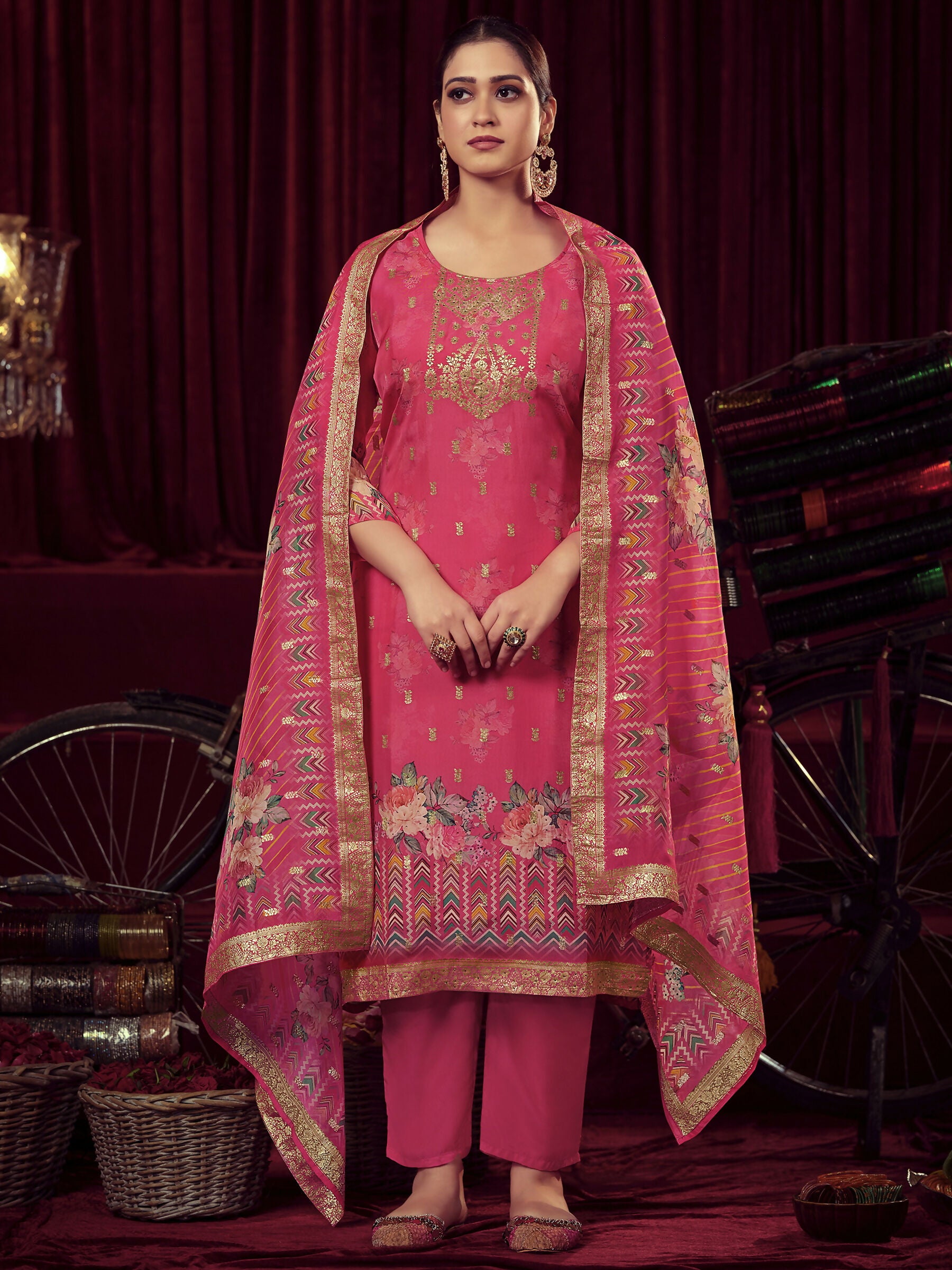 Jyoti Fashion Women's Magenta Organza Jacquard Woven Kurta with Trouser & Dupatta - Distacart