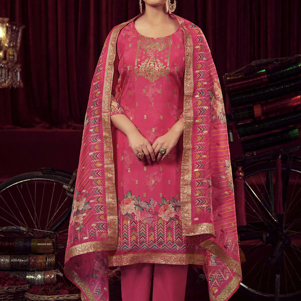 Jyoti Fashion Women's Magenta Organza Jacquard Woven Kurta with Trouser & Dupatta - Distacart