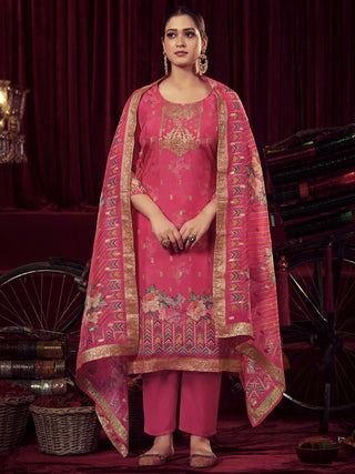 Jyoti Fashion Women's Magenta Organza Jacquard Woven Kurta with Trouser & Dupatta - Distacart