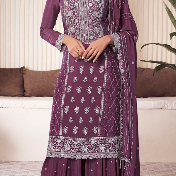 Anaita Wine Embroidered Work Silk Stitched Sharara Suit