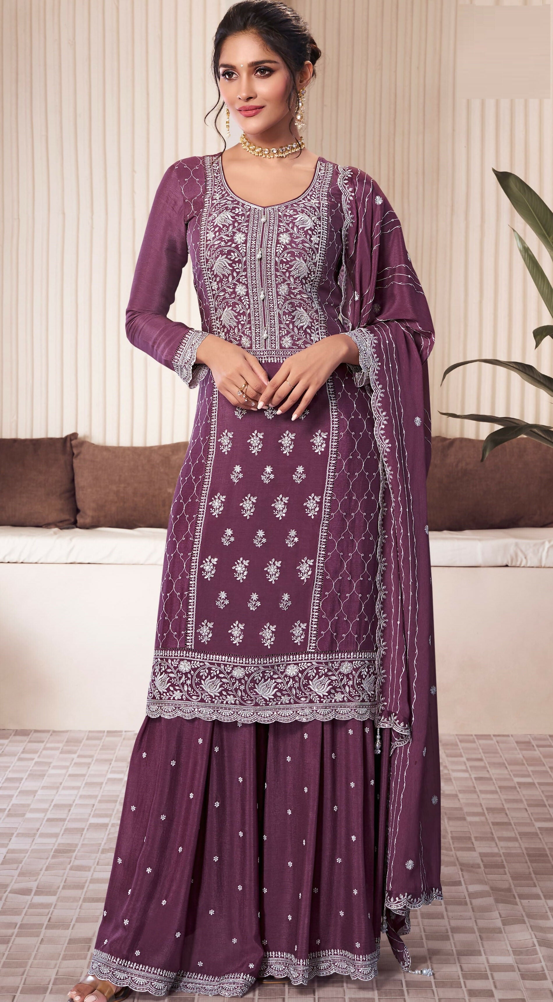 Anaita Wine Embroidered Work Silk Stitched Sharara Suit