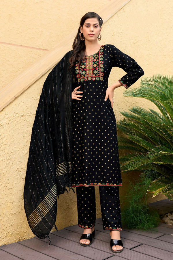 Jyoti Fashion Women's Black 14KG Rayon Foil Print with Embroidery Kurta Set - Distacart