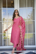 Thumbnail for The52 Peach Women's Viscose Zari Chanderi Fabric Embroidered Work Straight Kurta, Pant and Dupatta Set - Distacart