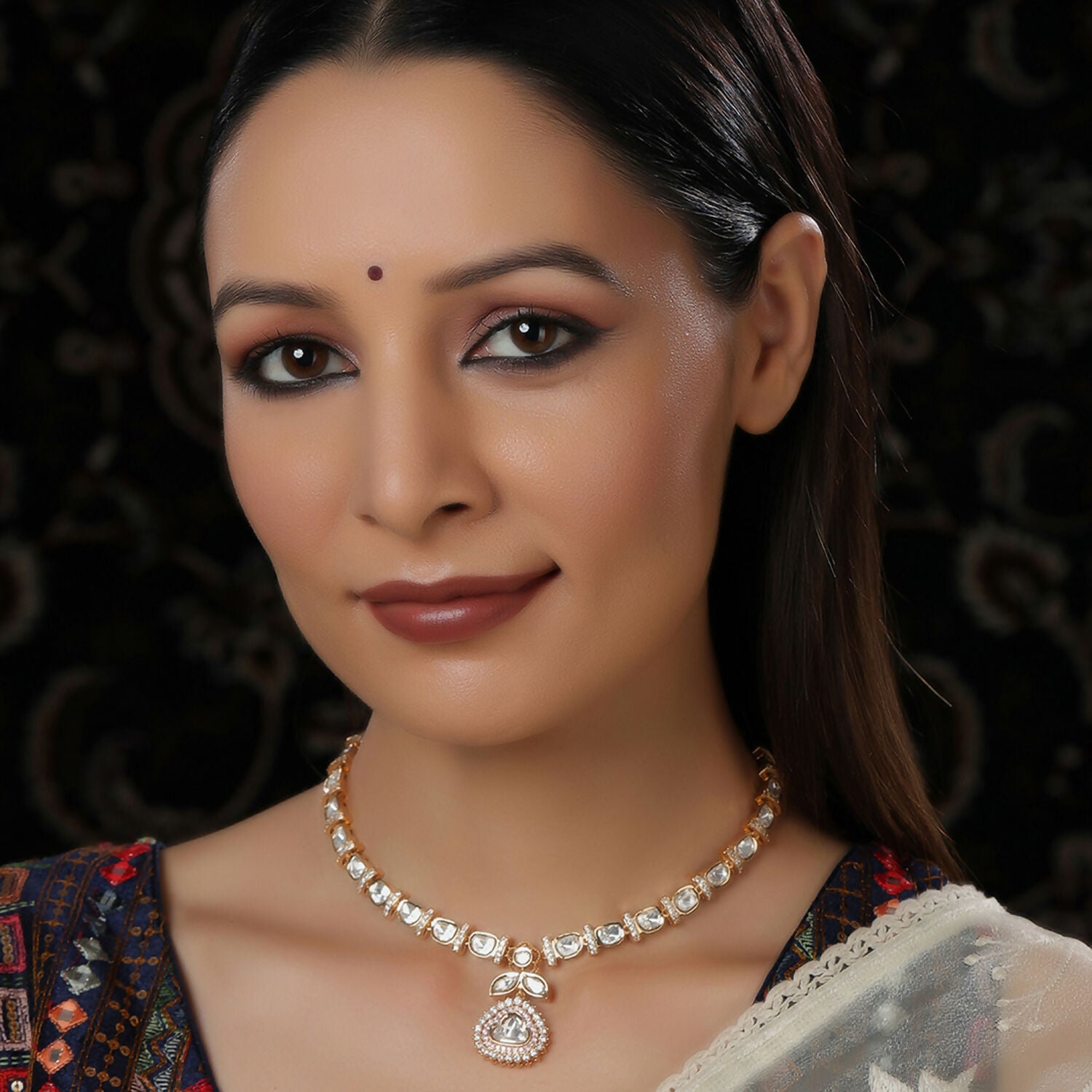 Gold and American Diamond Neckpiece with Pink Stone Center Piece (Gold) - Ruby Raang - Distacart