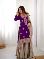 Thumbnail for Lehenga Mart Designer Sharara Suit With Kurta, Sharara, Dupatta For Women-Purple - Distacart