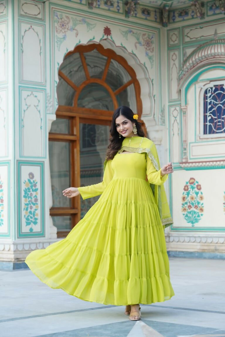 Aastha Fashion Women's Parrot Green Faux Georgette 5 Layer Frill Work Anarkali Dress with Dupatta - Distacart