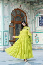 Thumbnail for Aastha Fashion Women's Parrot Green Faux Georgette 5 Layer Frill Work Anarkali Dress with Dupatta - Distacart
