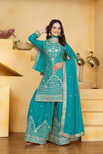 Thumbnail for Teeya Creation Teal Color Natural Crepe Silk Wedding Wear Trending Palazzo Set - Distacart