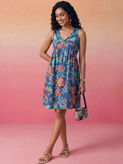 Janasya Blue A-Line Cotton Dress - Dista