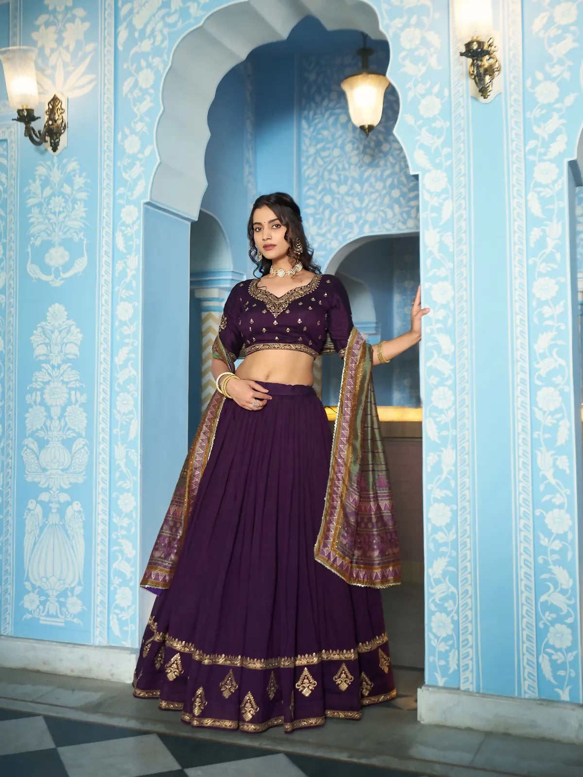 Looknbook Art Women Vichitra Silk Sequins & Thread Work Embroidered Lehenga Choli-Dark Purple