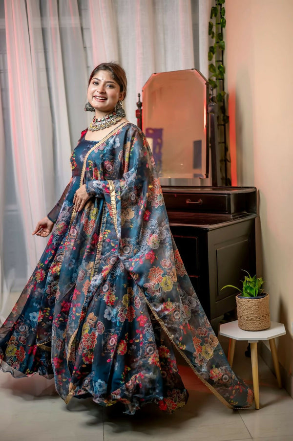 Preksha Creationorganza Taby Silk With Digital Print Women Gown With Dupatta And Pant - Multicolor - Distacart