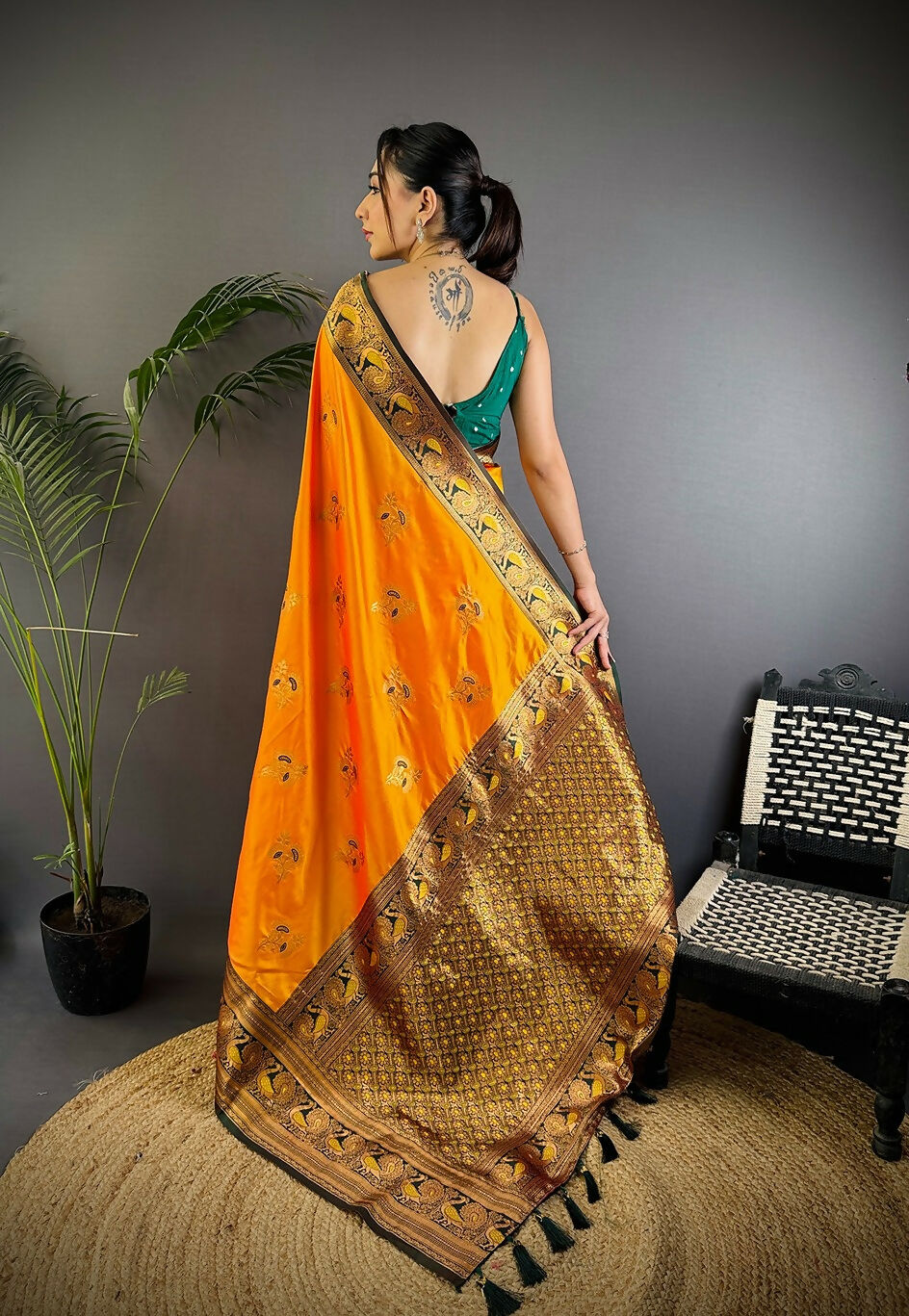 Joban Fashion Banarasi Orange Woven Soft Silk Saree