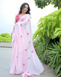 Thumbnail for Malishka Georgette Embroidery Ready To Wear Saree With Blouse Piece - Pink - Distacart