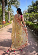 Thumbnail for Teeya Creation Lemon Yellow Color Twill Net Designer Embroidery Work Saree - Distacart