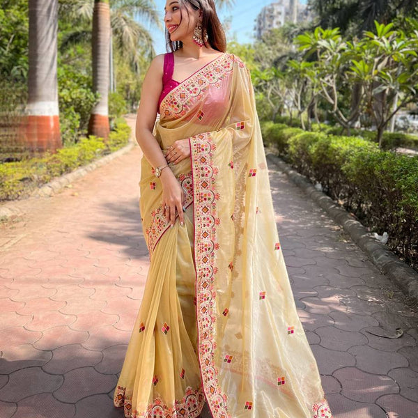 Teeya Creation Lemon Yellow Color Twill Net Designer Embroidery Work Saree - Distacart
