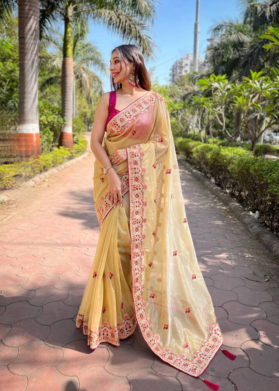 Teeya Creation Lemon Yellow Color Twill Net Designer Embroidery Work Saree - Distacart
