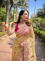 Thumbnail for Teeya Creation Lemon Yellow Color Twill Net Designer Embroidery Work Saree - Distacart