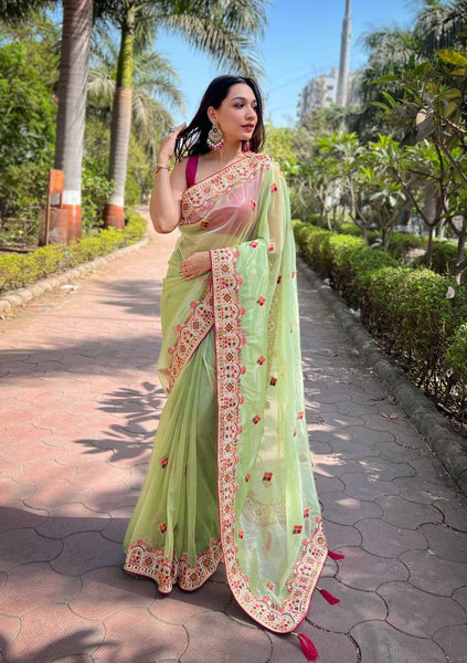 Teeya Creation Parrot Color Twill Net Designer Embroidery Work Saree - Distacart