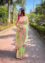 Thumbnail for Teeya Creation Parrot Color Twill Net Designer Embroidery Work Saree - Distacart