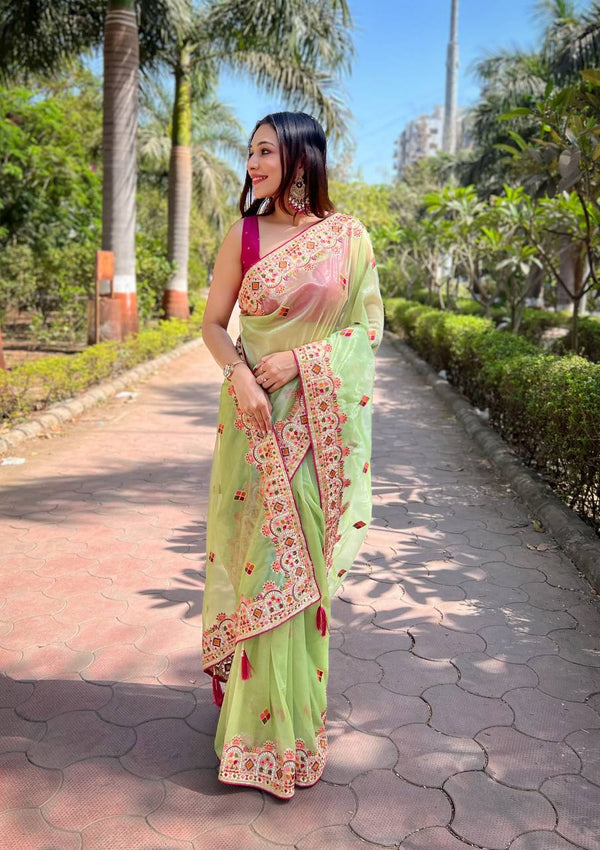 Teeya Creation Parrot Color Twill Net Designer Embroidery Work Saree - Distacart