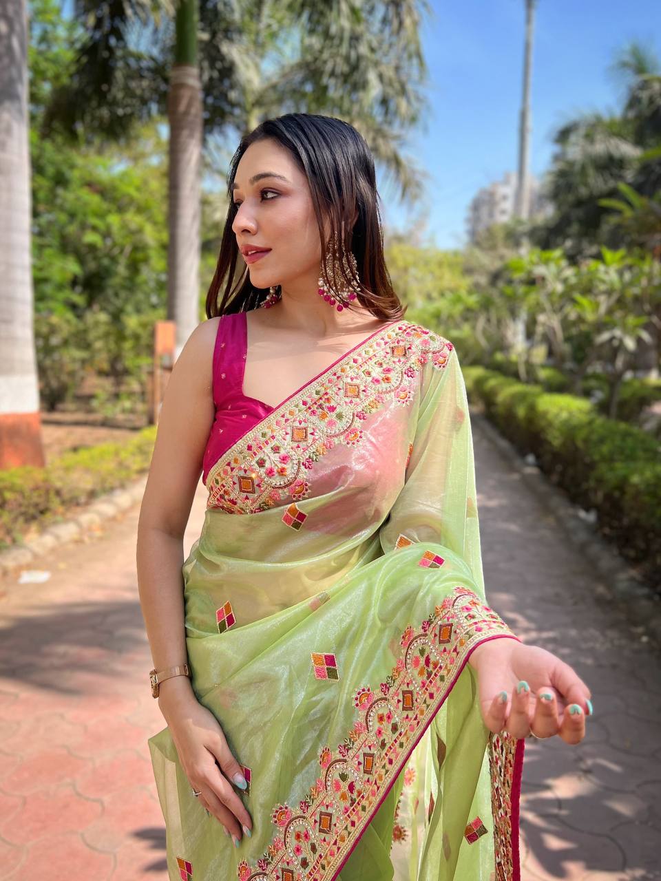 Teeya Creation Parrot Color Twill Net Designer Embroidery Work Saree - Distacart