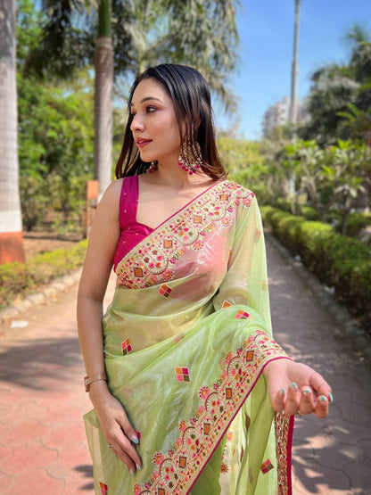Teeya Creation Parrot Color Twill Net Designer Embroidery Work Saree - Distacart