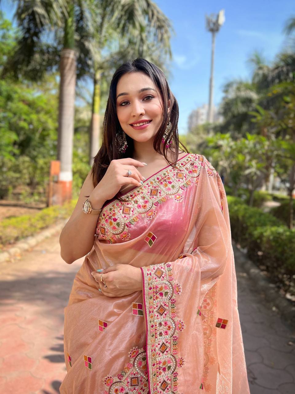 Teeya Creation Peach Color Twill Net Designer Embroidery Work Saree - Distacart