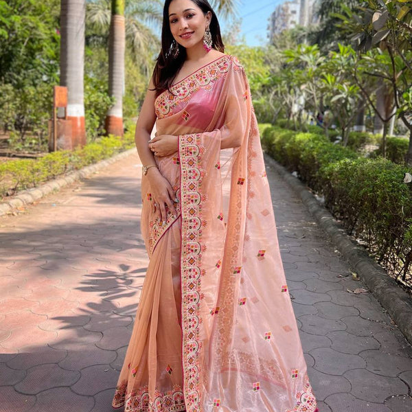 Teeya Creation Peach Color Twill Net Designer Embroidery Work Saree - Distacart