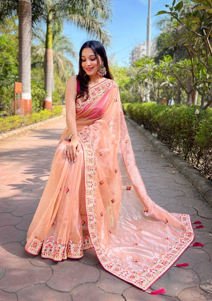 Teeya Creation Peach Color Twill Net Designer Embroidery Work Saree - Distacart