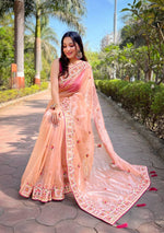 Thumbnail for Teeya Creation Peach Color Twill Net Designer Embroidery Work Saree - Distacart