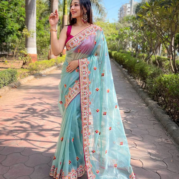 Teeya Creation Sky Color Twill Net Designer Embroidery Work Saree - Distacart