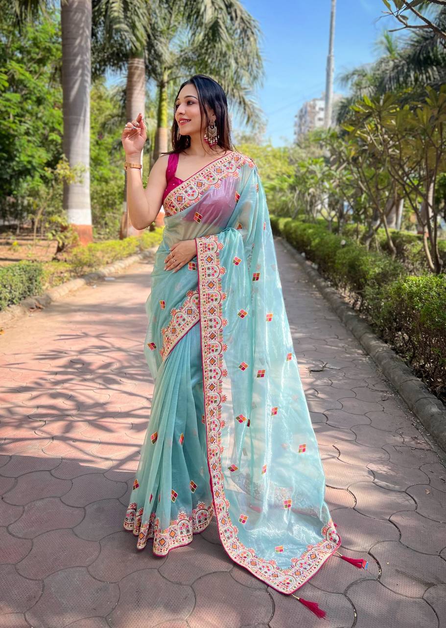 Teeya Creation Sky Color Twill Net Designer Embroidery Work Saree - Distacart