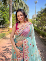 Thumbnail for Teeya Creation Sky Color Twill Net Designer Embroidery Work Saree - Distacart