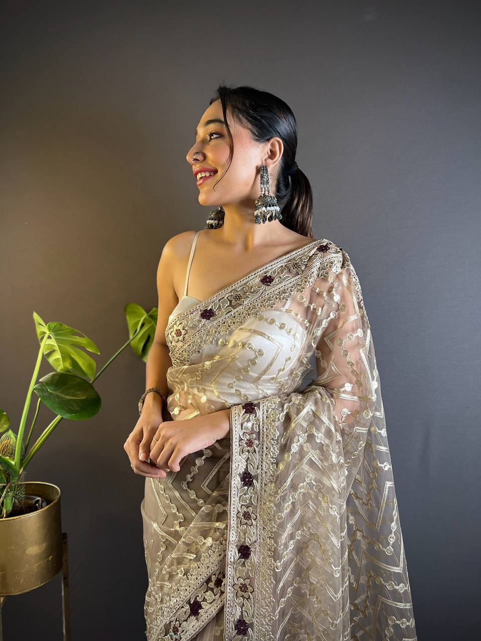 Teeya Creation Chiku Color Butterfly Net Embroidery Work Saree - Distacart