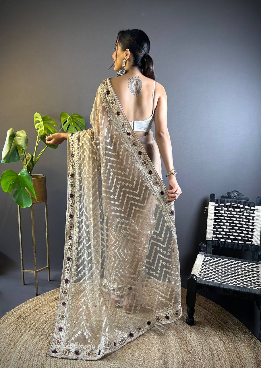 Teeya Creation Chiku Color Butterfly Net Embroidery Work Saree - Distacart