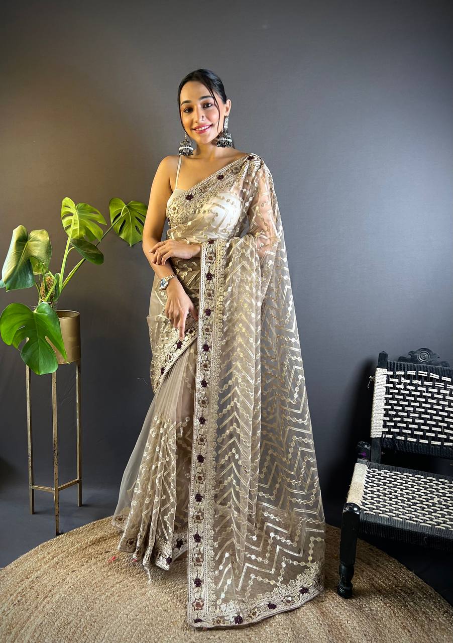 Teeya Creation Chiku Color Butterfly Net Embroidery Work Saree - Distacart