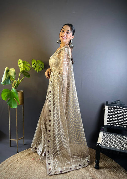 Teeya Creation Chiku Color Butterfly Net Embroidery Work Saree - Distacart