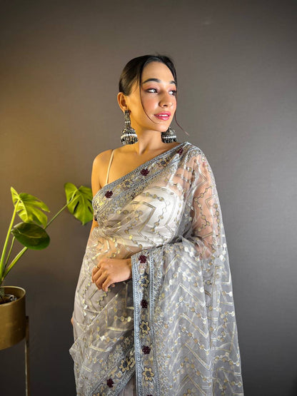 Teeya Creation Grey Color Butterfly Net Embroidery Work Saree - Distacart